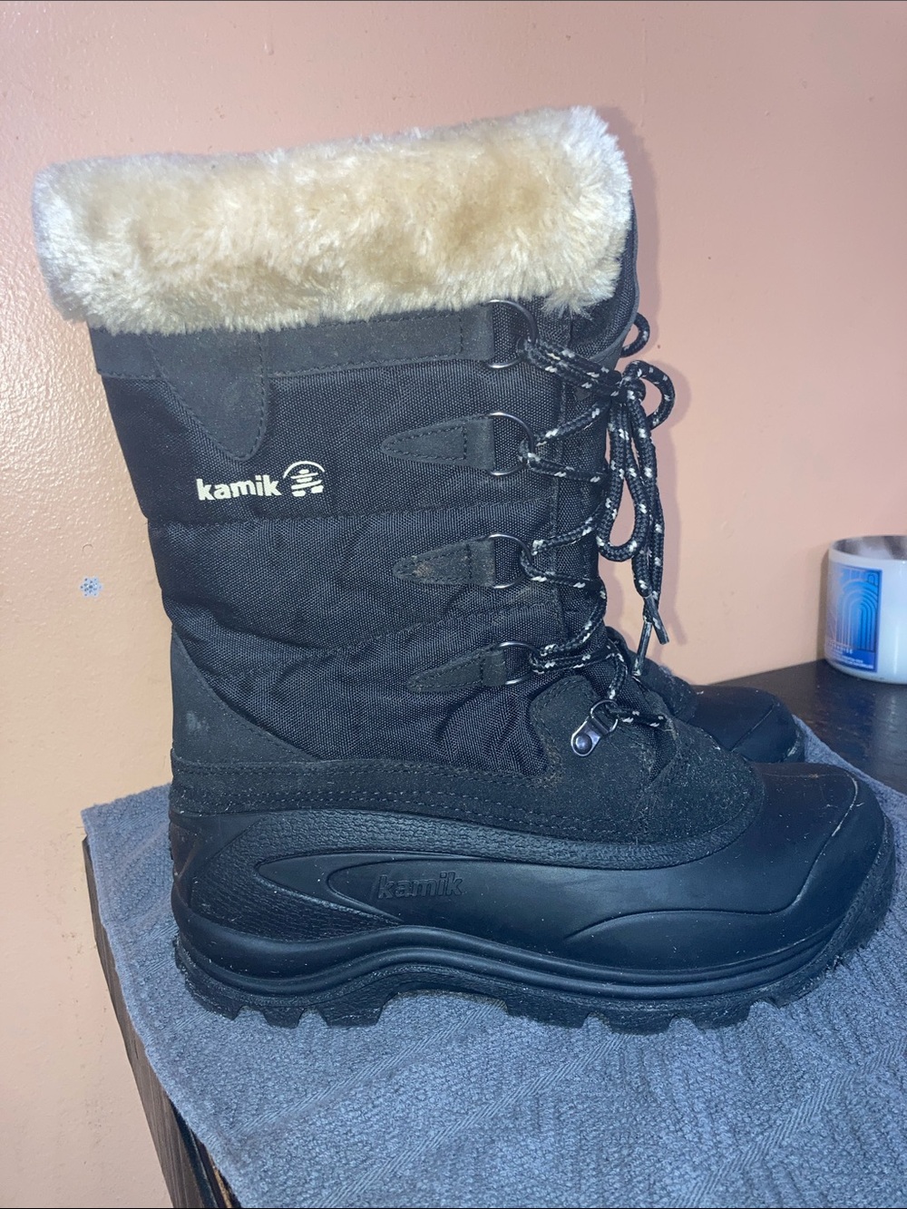 Kamik Black womens Winter Boots with Cream Faux Fur Cuff